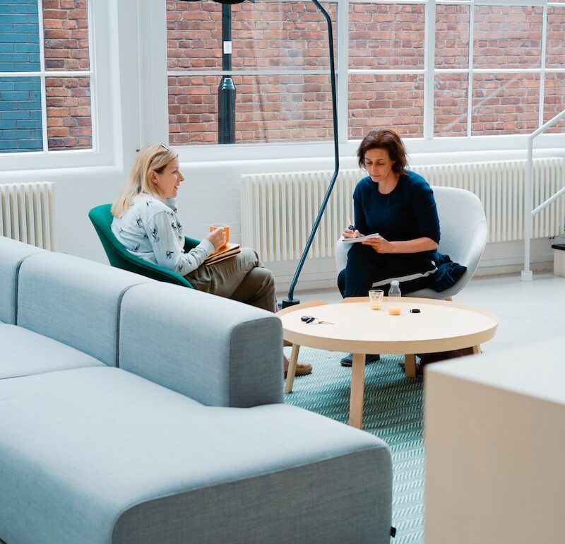 two woman sits on sofa chairs inside house